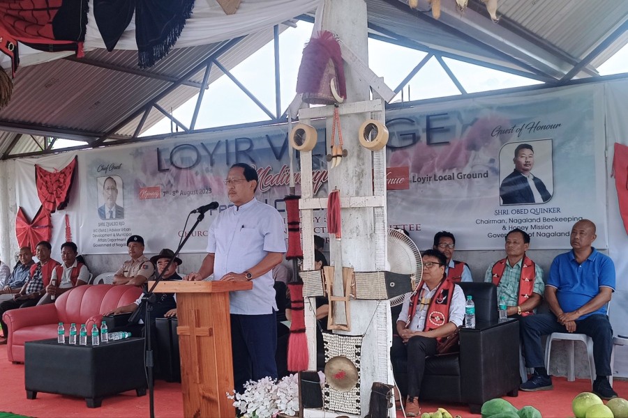 Zhaleo Rio, IAS (Retd), Advisor, UD & MAD addressing the gathering during Medümnyio festival celebration on August 7 at Loyir Village.