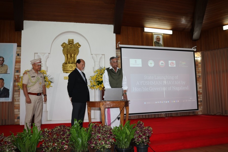 Nagaland Governor La Ganesan and Chief Minister Neiphiu Rio join the National Level virtual launching the Ayushman Bhavah by the President of India Droupadi Murmu at the Dr Imkongliba Ao Hall, Raj Bhavan, Kohima on September 13.  (Photo: PRO Raj Bhavan)