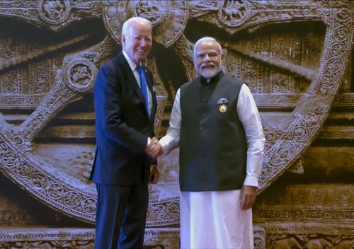 New Delhi: Prime Minister Narendra Modi welcomes US President Joe Biden upon his arrival for the G20 Summit at the Bharat Madapam in New Delhi on Saturday, September 9, 2023. (Photo: IANS/Narendra Modi YT Grab)