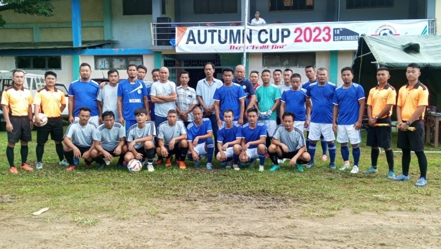 Zeliangrong Village (Grey) & Team Medziphema (Blue) pose for lens with Match Patron Kepe Nakhro, before their match in the Day 3 of the ongoing Autumn Cup 2023 in Medziphema on September 20.