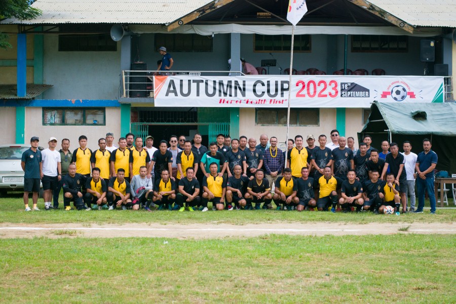 Participants and officials pose for lens during the inaugural day of Autumn Cup 2023, a football tournament for 35+, being organised by Chümoukedima District Football Referee Board at Local Ground, Medziphema on September 18. (Photo Courtesy: CDFRB)