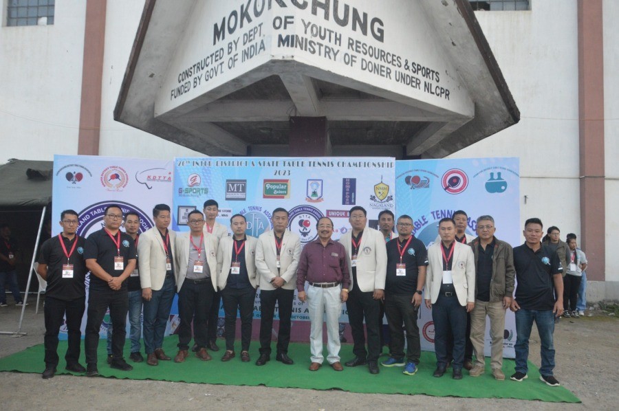 Officials of Nagaland Table Tennis Association and Mokokchung Dsitrict Table Tennis Association with Chief Patron, Imkong L Imchen, MLA & Advisor during the the opening ceremony of the 26th  Inter-District & State Tabe Tennis Association on October 23 at Multi-purpose Sports Complex, Mokokchung. (Morung Photo)