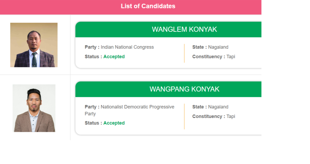 The bye-election to the 43rd Tapi Assembly Constituency on November 7 will witness a see ‘straight’ contest between the Indian National Congress’ Wanglem Konyak (top) and the Nationalist Democratic Progressive Party’s Wangpang Konyak. (Image Courtesy: https://ceo.nagaland.gov.in/)