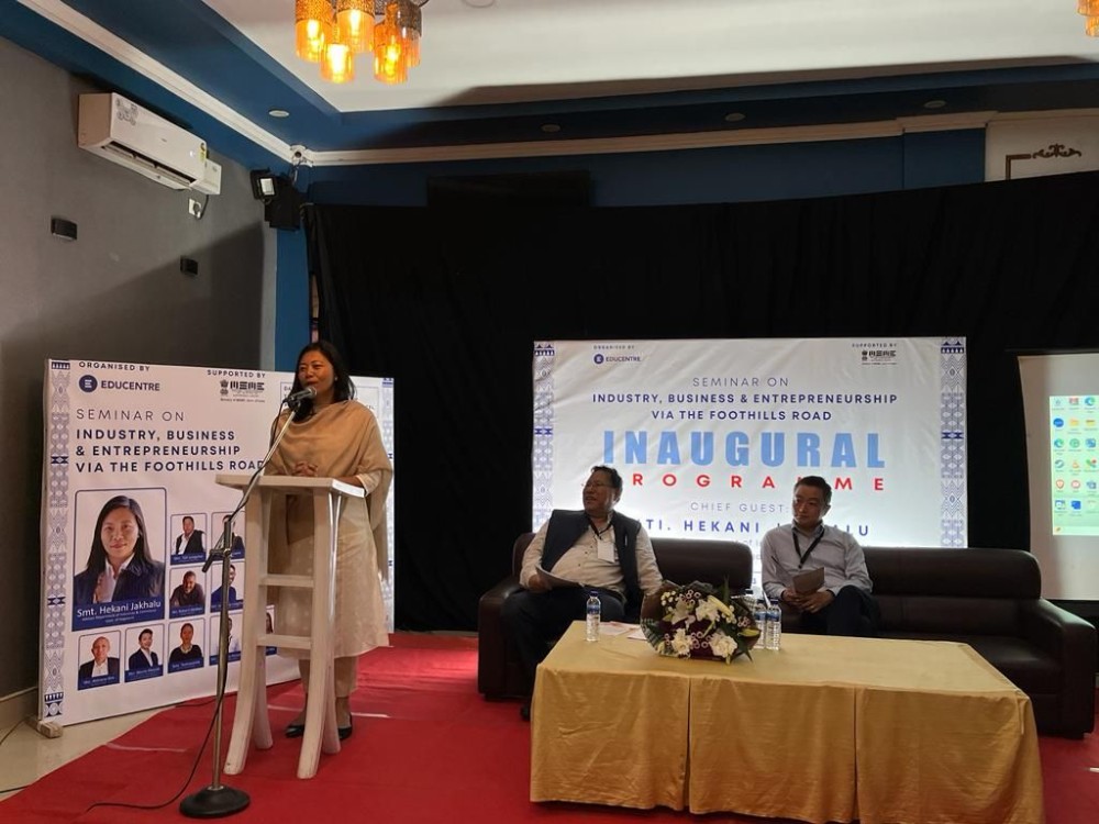 Advisor for Department of Industries & Commerce, Hekani Jakhalu speaking during the one-day seminar on ‘Industry business & entrepreneurship via the Foothill Road’ held at the Four Seasons hotel, Dimapur on October 6. (Morung Photo)