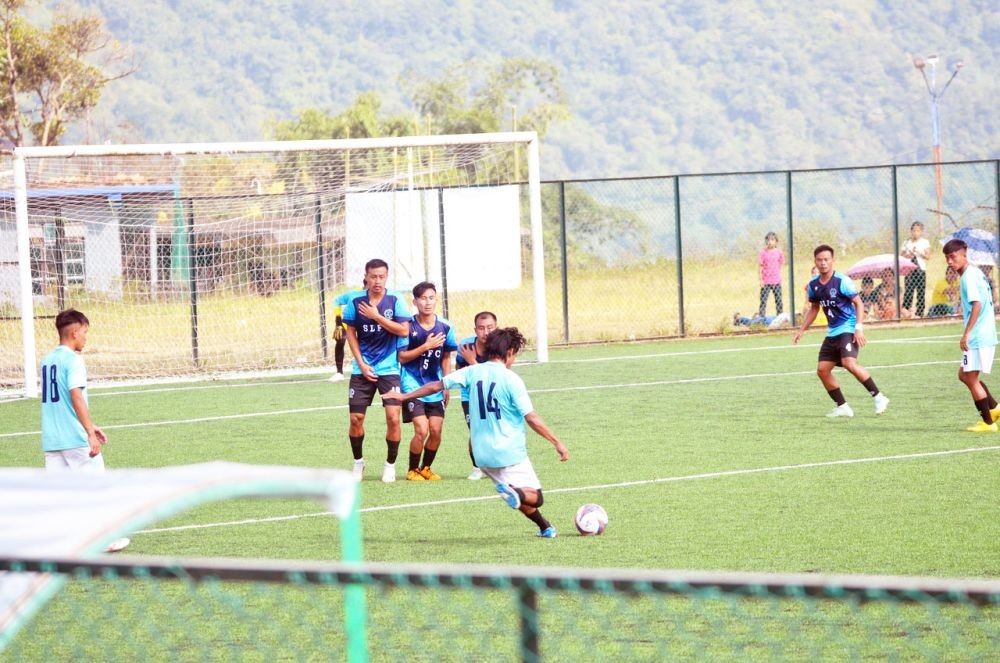 Son Kuk Laang FC and CSU Saksi players in action at the ongoing Loyem Memorial Trophy 2023 in Astro Turf Loyem Ground, Tuensang town on October 19. (Morung Photo)