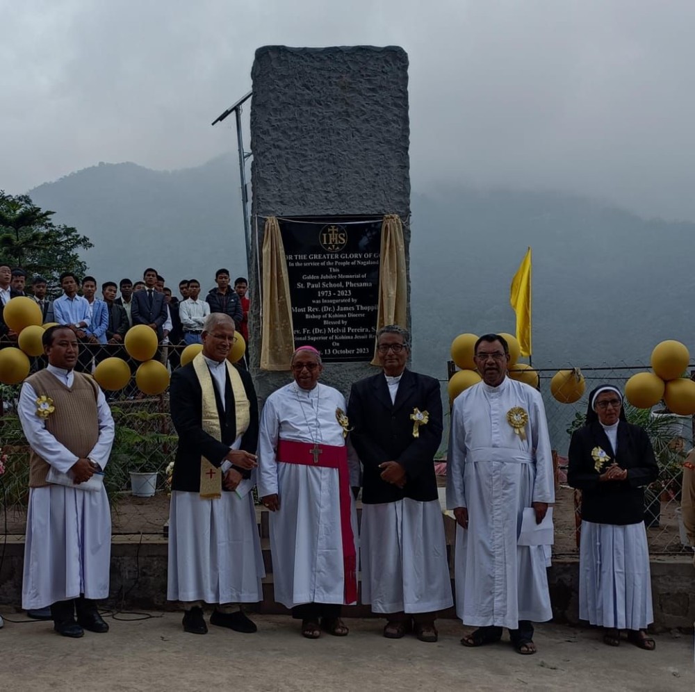 Rev Fr Dr James Thoppil Bishop of Kohima Diocese after unveiling the monolith during the Golden Jubilee celebration of St Paul School, Phesama on October 13.  (Morung Photo)