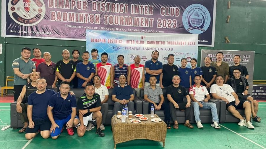 Winners of different categories of the 6th Dimapur District Inter Club Badminton Tournament pose for picture with with chief guest Er Kasho Chishi, Additional Chief Engineer, Power and Dimapur Badminton Club officials after prize distribution ceremony at DBC stadium on October 24.