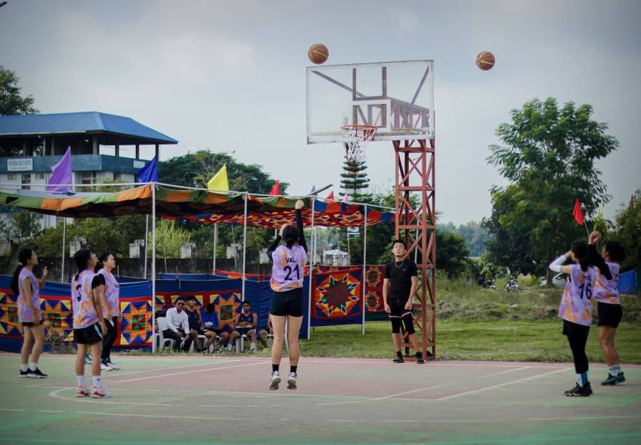 A women’s basketball match at the inter institution sports tournament held at ICFAI University.