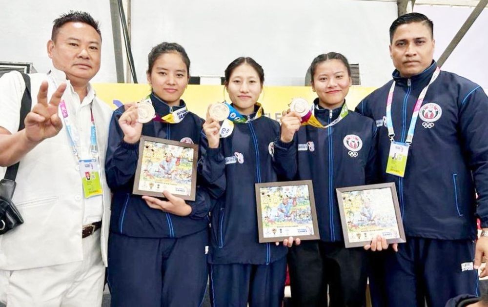 The Nagaland Women's Pencak Silat Regu team of Liike Kibami, Hinokali, and Avikali V Sheqi pose with their medals. (Photo Courtesy: @NagalandOlympic)