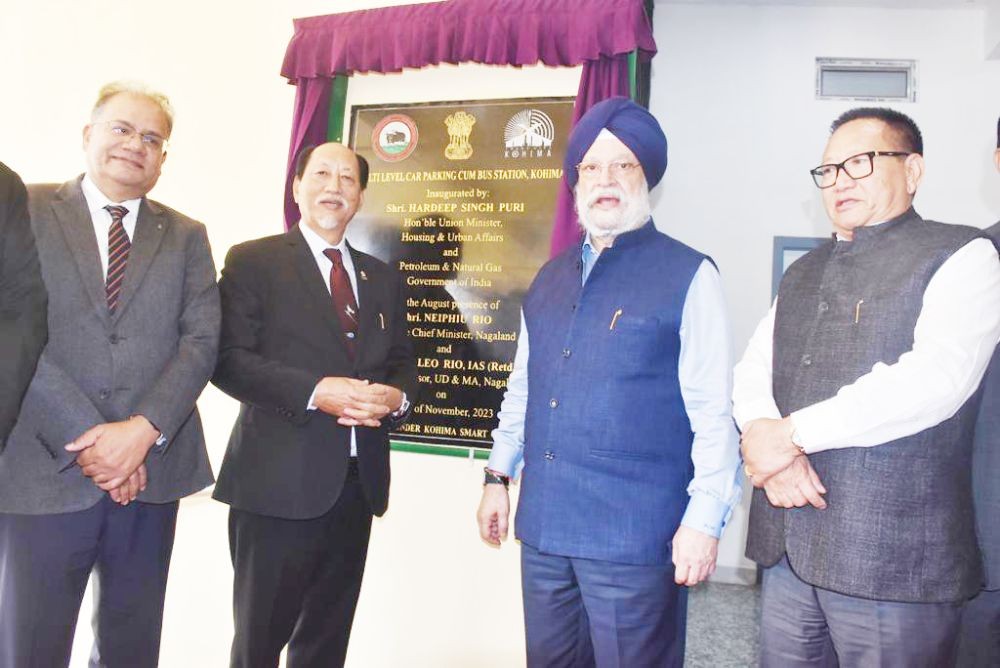 Union Minister Hardeep Singh Puri with Chief Minister Neiphiu Rio, Deputy CM TR Zelaing and Chief Secretary J Alam during the inauguration of MLCP at NST Bus Station on November 4 in Kohima. (DIPR Photo)