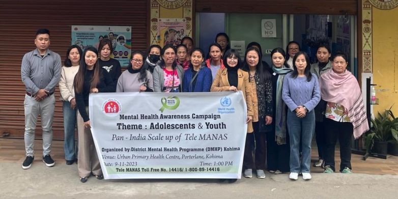 Resource person, and participants during the mental health awareness campaign organized by DMHP Kohima at UPHC Porterlane, Kohima.