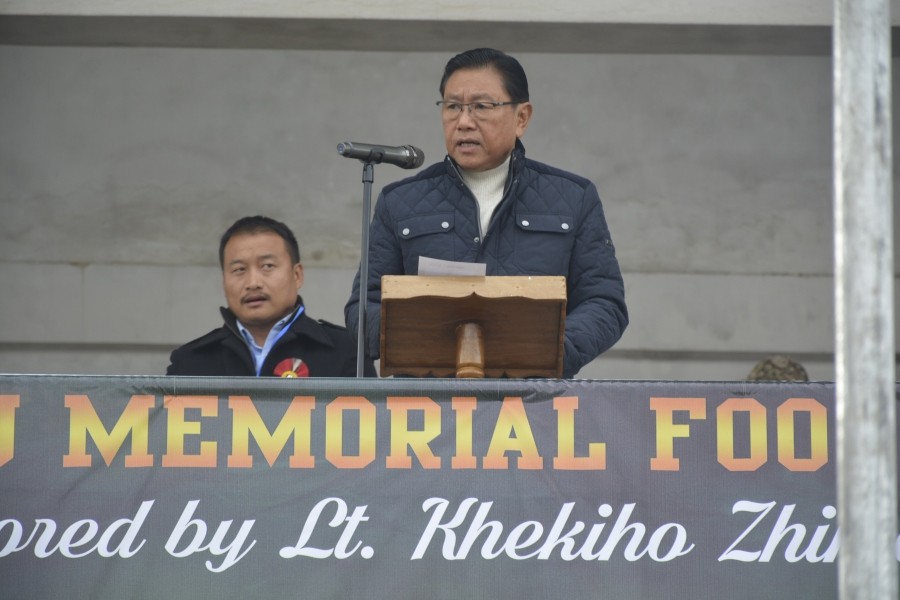 Advisor K Tokugha Sukhalu addresses the inaugural programme of the 4th edition of the Hezukhu Memorial Trophy at the District Sports Council Ground Zunheboto on November 21. (DIPR Photo)