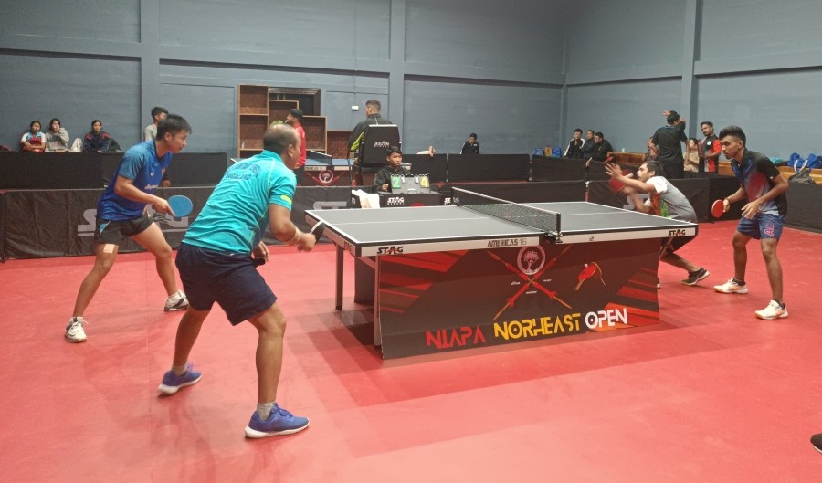 Shankab & Agniv Bhaskar (right) playing against the Nagaland team in the doubles category here at NIAPA mini stadium, Chumoukedima on Sunday.