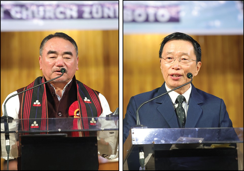 Advisor, G Ikuto Zhimomi(Left) and MLA, Dr A Sukhato Sema (Right) speak during the second day of the Zunheboto District Golden Jubilee celebration on November 12.