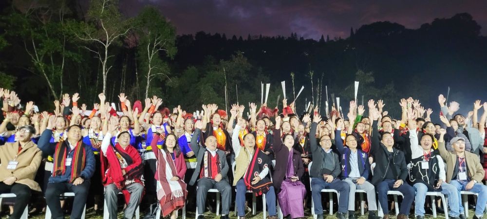 H Tovihoto Ayemi, Z Nyusietho Nyuthe and others during the Tribal folk song and dance event in Kohima on November 21. (Morung Photo)