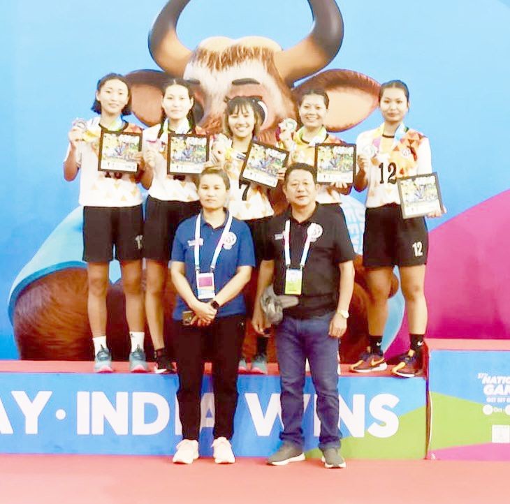 The Nagaland Women’s Sepak Takraw Regu team players after winning Silver Medal in tyhe Regu event. (Photo Courtsy: @NagalandOlympic/X)
