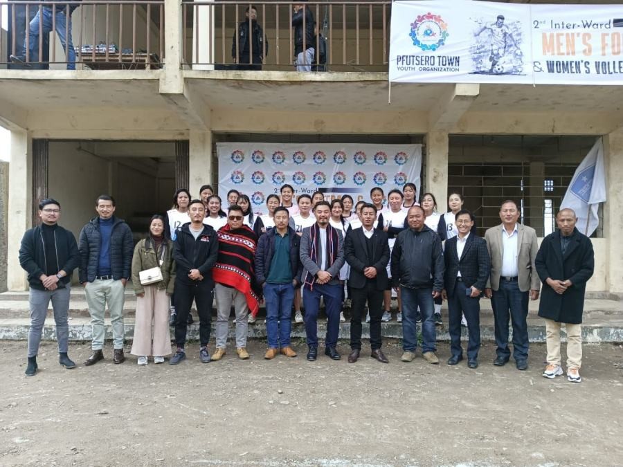 PDSA president Nezosa Tetseo and others during of 2nd Inter-Ward Men’s Football & Women’s Volleyball League cum 6th Lt Neikhrope Ritse Trophy on November 18.