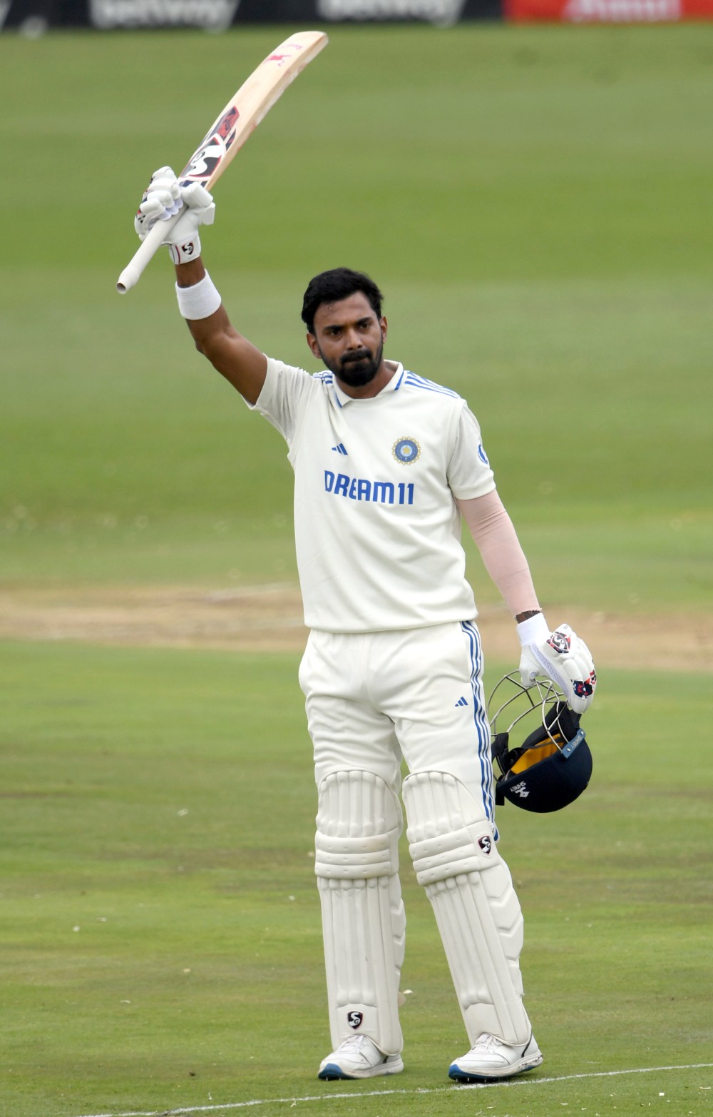 India's batter KL Rahul celebrates his century during the second day of the first Test cricket match between India and South Africa, at SuperSport Park Stadium, in Centurion, South Africa on December 27. (IANS/X/@BCCI)