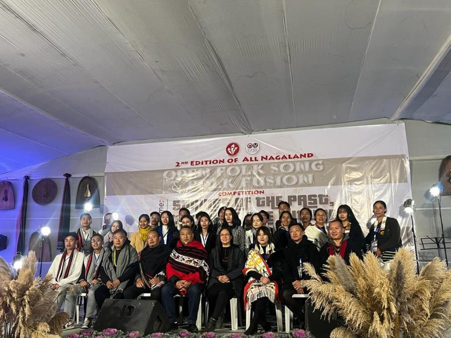 Winners with Dr Tseilhoutuo Rhütso, judges and organizers of All Nagaland open folk song & folk fusion competition on December 16.