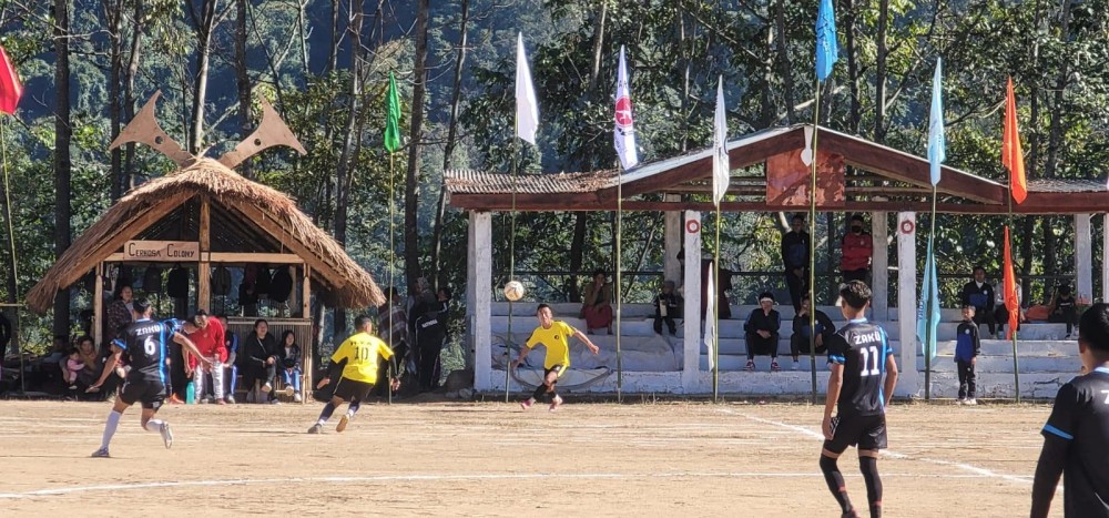 Players in action during jubilee championship tournament on December 19 at Riinguzu village in Phek district. This tournament is part of the ongoing golden jubilee celebration of Riinguzumi Youth Association (RYA) under the theme “Redefining Youth.” Meanwhile, the colony tournament has been scheduled from December 20 to 23.