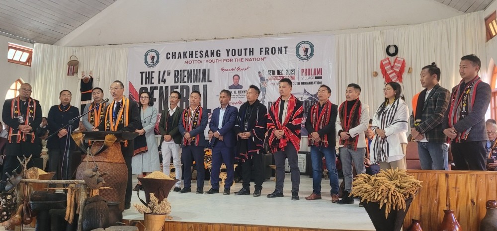 Rev Dr Chekrovei Cho-o, Executive Secretary, Chakhesang Baptist Church Council prays for new team of CYF on December 12. (Morung Photo)