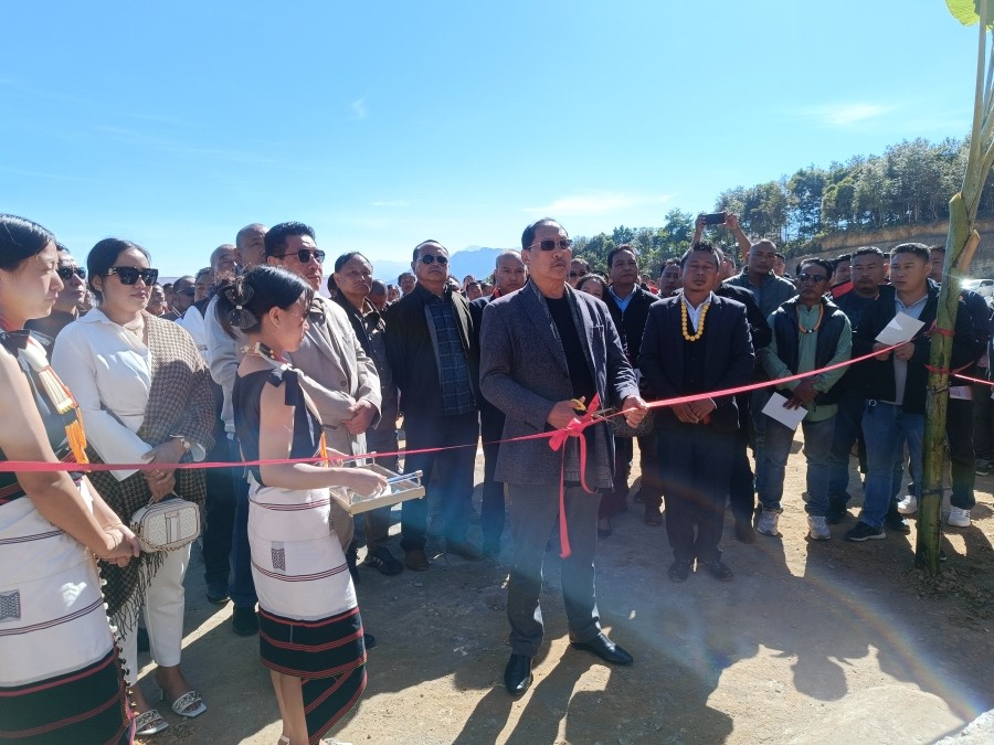 Zhaleo Rio, IAS (Retd.), Advisor, Urban Development & Municipal Affairs Dept, Nagaland, cuts the ribbon of the newly constructed Tsiepama Village playground on December 20.