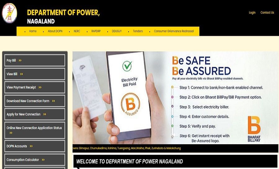 A screenshot of the Nagaland Department of Power's portal www.dopn.gov.in where consumers, among others, can view and pay electricity bills online through various payment instrument such as Gpay, PhonePe, SBI YONO, Amazon, Paytm, BHIM. (Morung Photo: Screenshot)