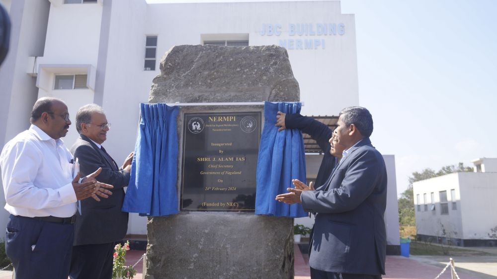 Chief Secretary of Nagaland, J Alam, unveiling the NERMPI foundation plaque at CIHSR, Chümoukedima on February 24. (Morung Photo)
