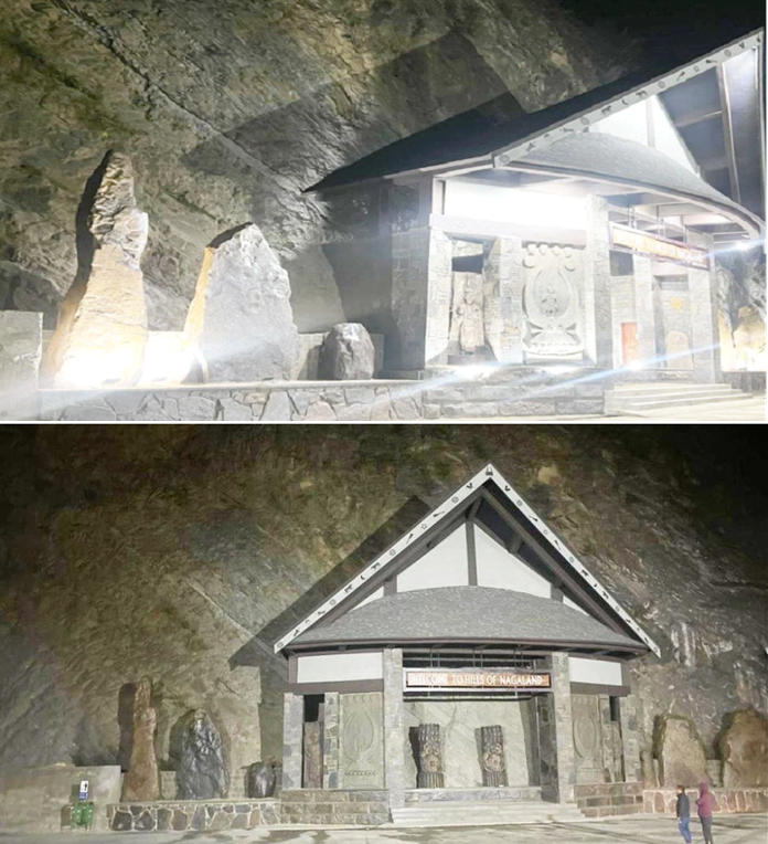 Diminished Radiance: The Unity Gate at the Patkai/Chathe Bridge junction on National Highway-29 appeared well-lit and vibrant during its inauguration by Nagaland Chief Minister Neiphiu Rio on November 30, 2023 (top), on the eve of the Hornbill Festival. However, in this picture taken on January 8, 2024 (bottom), the Unity Gate stands forlorn, its once-illuminated charm marred by neglected floodlights, relying solely on the adjacent bridge lights to cast a feeble glow. (Morung Photos)