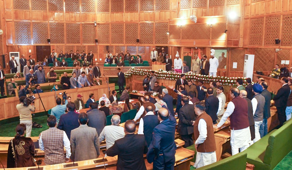 Chaos erupts on the first day of the J&K Legislative Assembly session as opposition member Waheed Parra of the People's Democratic Party (PDP) moves a resolution against the scrapping of Article 370, in Srinagar on Monday, November 4, 2024. (Photo: IANS/Nisar Malik)