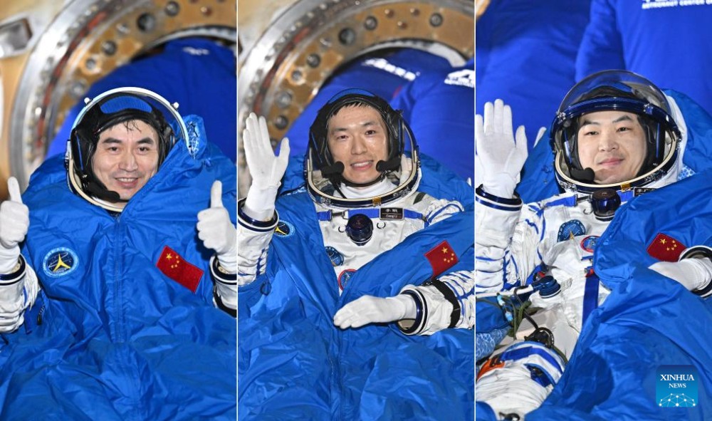 Astronauts Ye Guangfu, Li Cong and Li Guangsu after spending 192 days at Tiangong space station (Xinhua/Li Xin/IANS Photo)