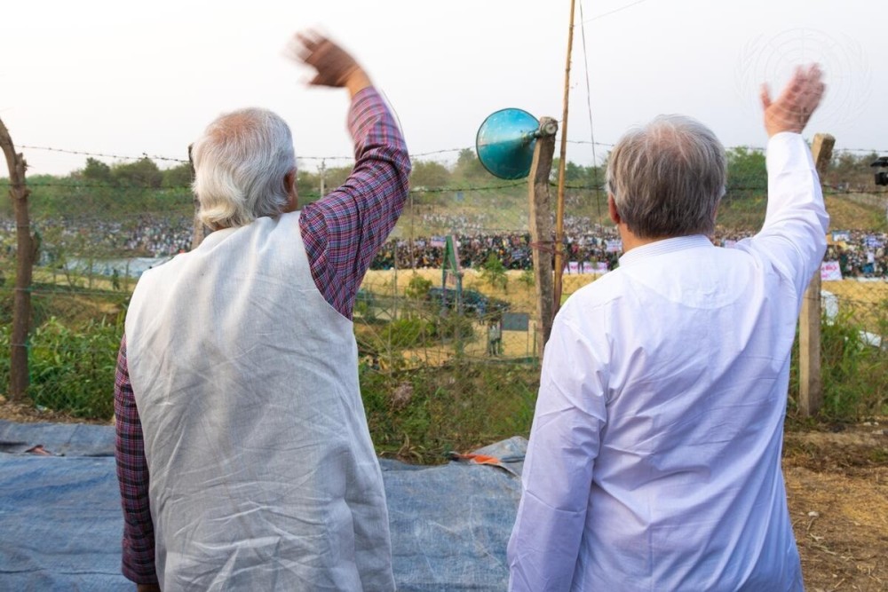 United Nations Secretary-General Antonio Guterres, right, with Bangladesh’s interim leader Muhammad Yunus on Friday, March 14, 2025, at a Rohingya refugee camp in Cox’s Bazaar. (Photo: UN)