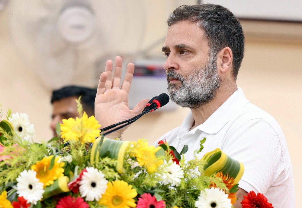 Leader of Opposition in Lok Sabha Rahul Gandhi addresses a gathering at Sadakat Ashram in Patna, Bihar, on Monday, April 7, 2025. (Photo: IANS)