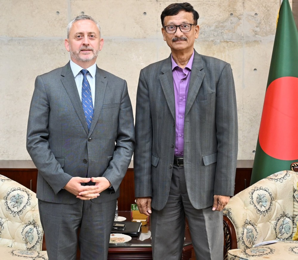 A file image of Michael Miller, the European Union's Ambassador to Bangladesh, with Bangladesh's Foreign Advisor Touhid Hossain (Image courtesy: X/@EUAmbBangladesh)