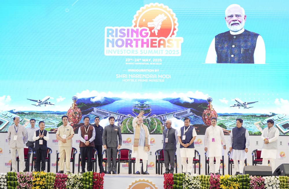 Prime Minister Narendra Modi at the Rising North East Investors Summit as Assam Chief Minister Himanta Biswa Sarma, Union Minister Jyotiraditya M. Scindia and others look on at Bharat Mandapam in New Delhi on Friday, May 23, 2025. (Photo: IANS)