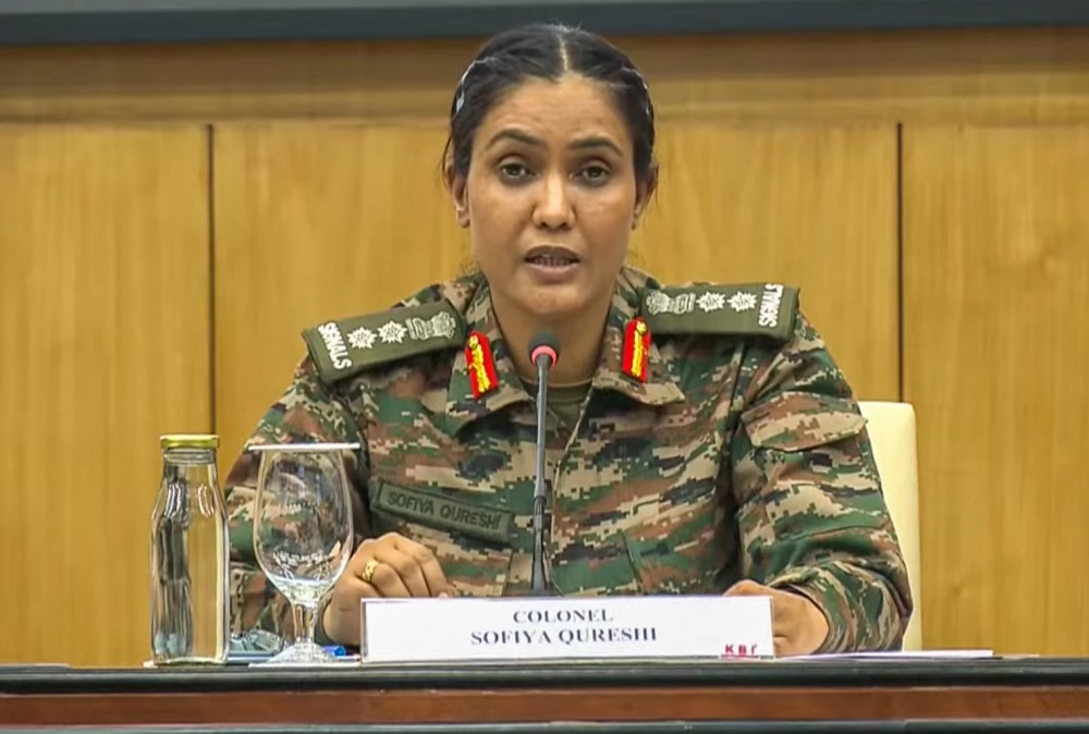 Colonel Sofiya Qureshi addresses a press briefing on 'Operation Sindoor' in New Delhi, Saturday, May 10, 2025. (Photo: IANS/Video Grab)