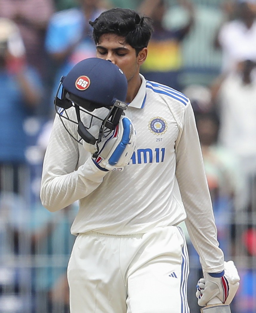 India's Shubman Gill celebrates his century during the third day of the first cricket Test match between India and Bangladesh at MA Chidambaram Stadium in Chennai on Saturday, September 21, 2024.(Photo: IANS/R. Parthibhan)
