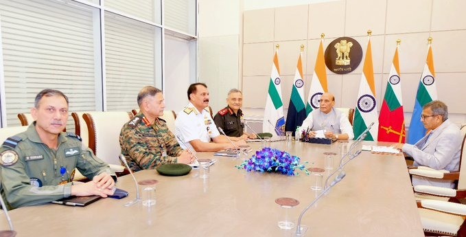 Defence Minister Rajnath Singh reviews security with top officials, chiefs of forces (Photo credit: MoD)
