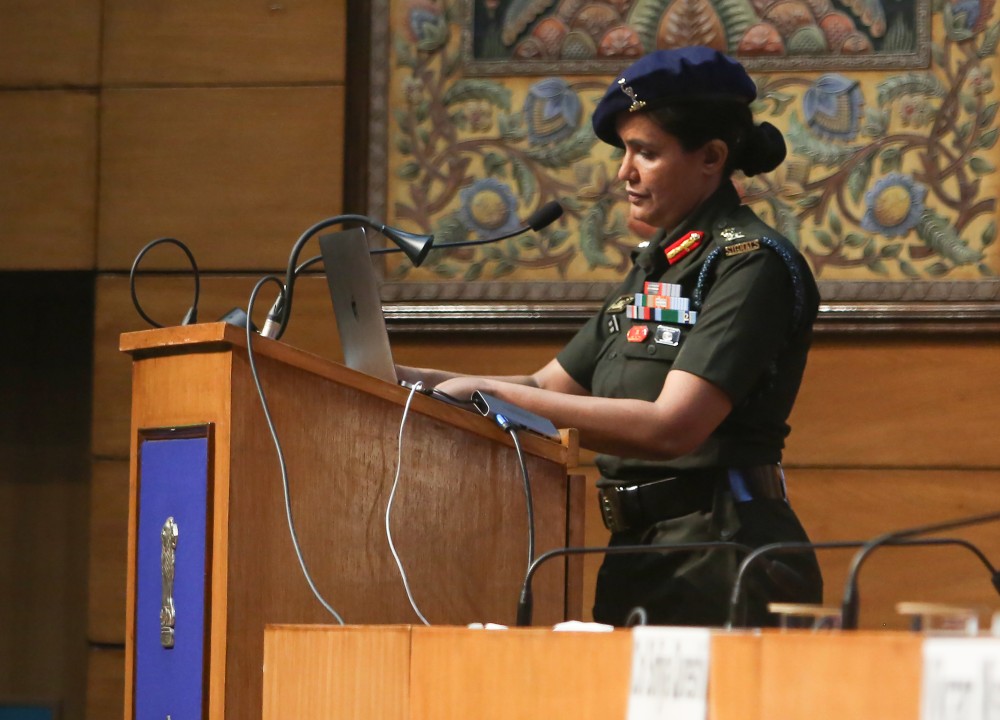 Colonel Sofiya Qureshi addresses a press briefing on 'Operation Sindoor' in New Delhi on Wednesday, May 7, 2025. (Photo: IANS/Prem Nath Pandey)