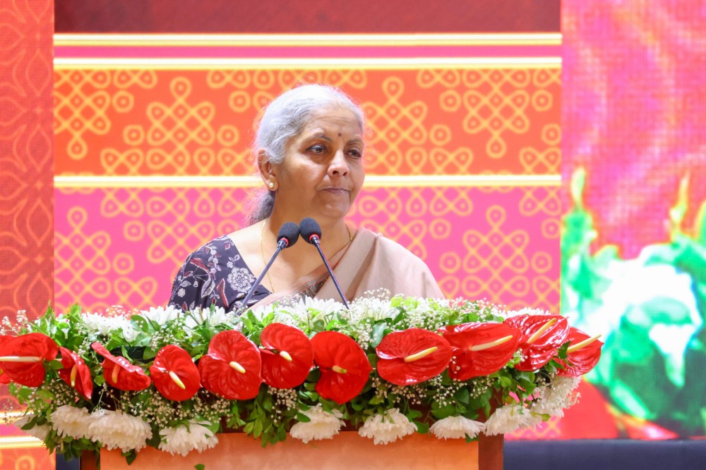 Union Finance Minister Nirmala Sitharaman addresses the National Commemorative Seminar on 60 Years of Pt Deendayal Upadhyaya Integral Humanism Lectures during a Session titled: 'Work, Wealth and Wellbeing: Towards the People-First Economy', in New Delhi on Saturday. May 31, 2025. (Photo: IANS/X/@nsitharamanoffc)