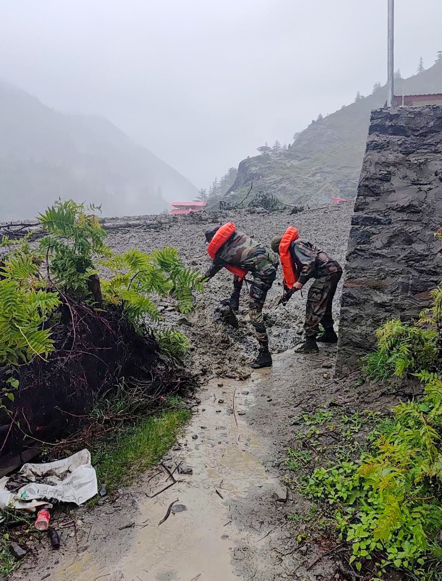 Indian Army personnel conduct rescue operations after a massive landslide, triggered by a cloudburst, swept through Dharali village near Harsil, in Uttarkashi on Tuesday, August 5, 2025. At least four people have died and over 50 are missing. (Photo: IANS)