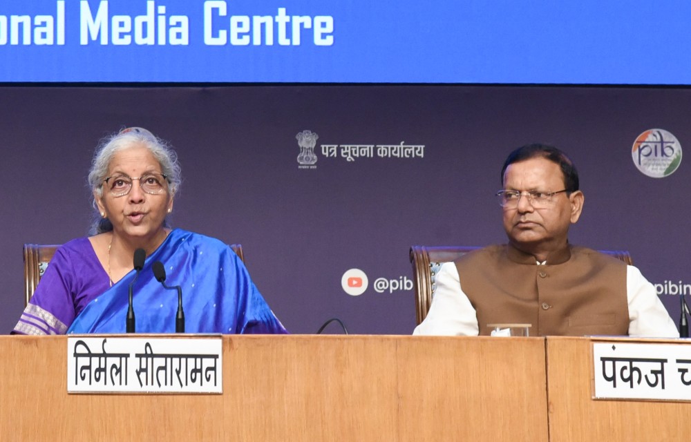 Union Finance and Corporate Affairs Minister Nirmala Sitharaman addresses a press conference on the 56th GST Council meeting as Union Minister of State for Finance Pankaj Chaudhary looks on at the National Media Centre in New Delhi on Wednesday, September 3, 2025. (Photo: IANS/PIB)