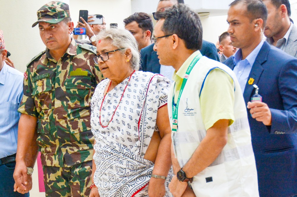 Nepal’s interim Prime Minister Sushila Karki arrives to inspect the protest-hit areas in Kathmandu, Saturday, September 13, 2025. (IANS Photo)