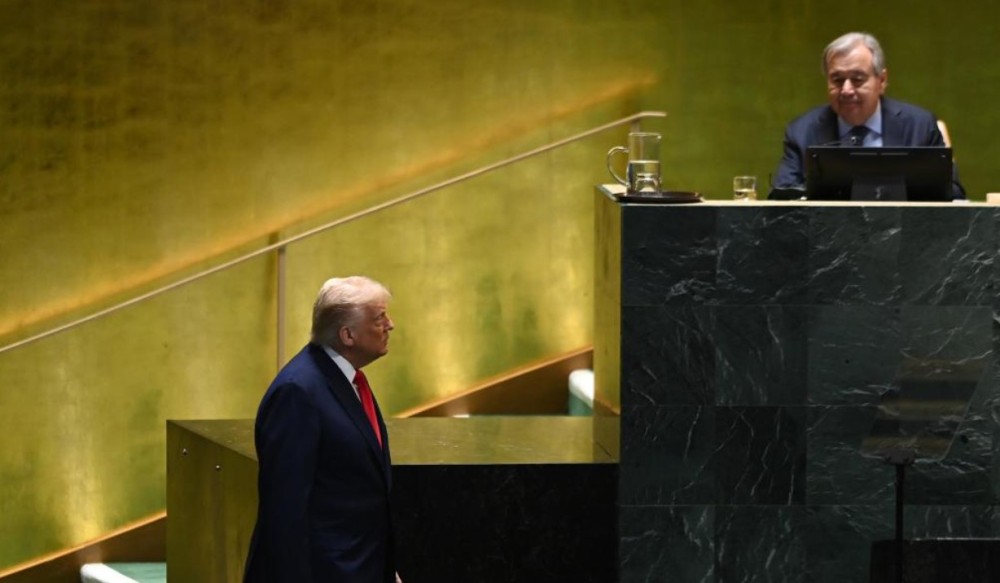 U.S. President Donald Trump (L) heads to the podium to deliver a speech during the General Debate of the 80th session of the United Nations General Assembly (UNGA) at the UN headquarters in New York, on Sept. 23, 2025. (Photo source: Xinhua/IANS)