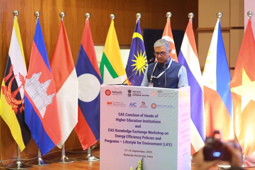 MEA Secretary (East) P Kumaran delivered remarks at the joint inauguration of East Asia Summit Knowledge Exchange Workshop on Energy Efficiency Policies and Programmes- Mission LiFE and EAS Conclave of Heads of Higher Education Institutions at Nalanda University in Bihar (Image Credit: X/@MEAIndia)