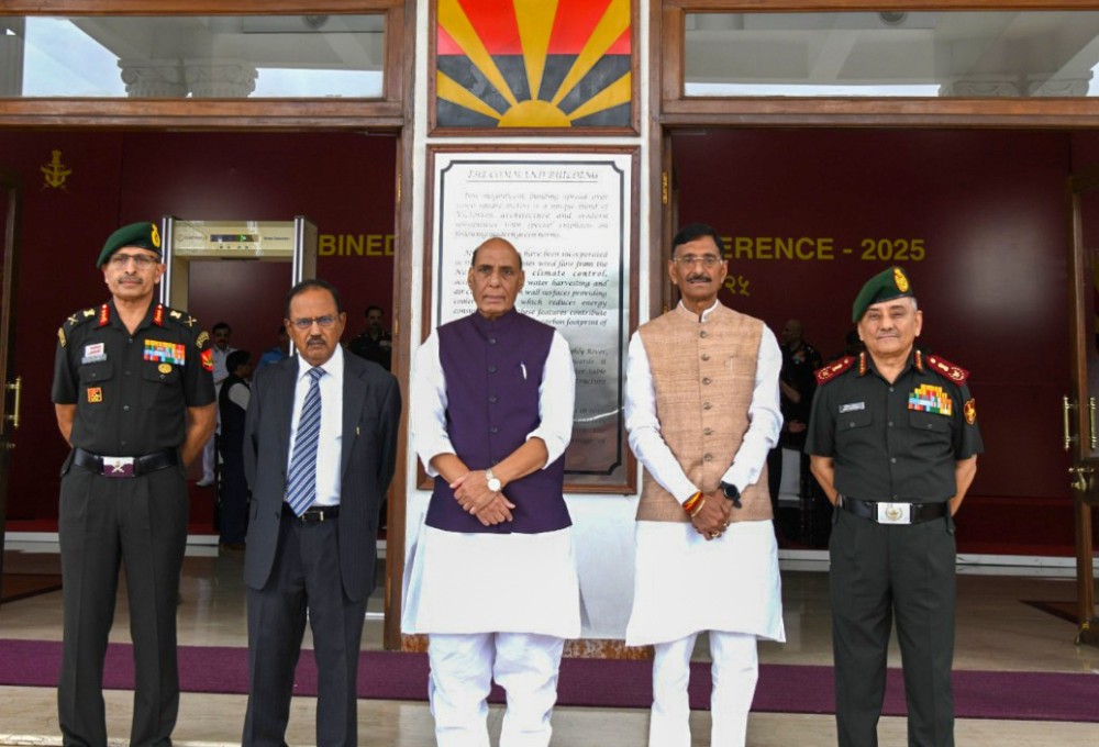 Defence Minister Rajnath Singh in a group photograph with Minister of State for Defence Sanjay Seth, National Security Advisor (NSA) Ajit Doval and Chief of Defence Staff General Anil Chauhan at the Combined Commanders’ Conference 2025, in Kolkata on Monday, September 15, 2025. (Photo: IANS/X/@HQ_IDS_India)