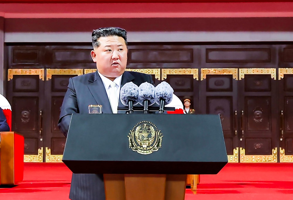 North Korean leader Kim Jong-un delivers a speech during an event at May Day Stadium in Pyongyang on Oct. 9, 2025, to celebrate the 80th anniversary of the founding of the Workers Party of Korea, in this photo released by the North's official Korean Central News Agency the next day. Kim pledged to turn the country into an "affluent" socialist "paradise." (IANS/Yonhap)