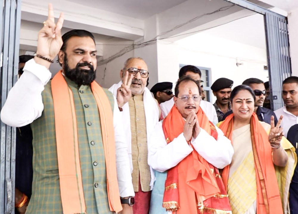 Bihar Deputy Chief Minister and BJP candidate for Lakhisarai Assembly constituency, Vijay Kumar Sinha, accompanied by Union Minister Giriraj Singh, Delhi Chief Minister Rekha Gupta and Bihar Dy CM Samrat Choudhary, ahead of filing his nomination papers for the Bihar Legislative Assembly elections in Lakhisarai on Wednesday, October 15, 2025. (Photo: IANS)