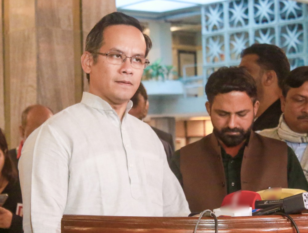 Congress MP Gaurav Gogoi speaks to the media after the Floor Leaders Meeting at Parliament House in New Delhi on Sunday, November 30, 2025. (Photo: IANS/Qamar Sibtain)