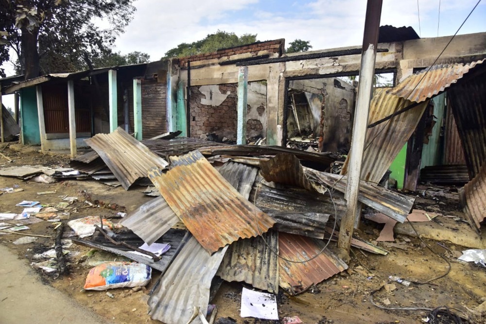 Shops and other properties are seen damaged after violence erupted in Kheroni town and nearby areas of Assam’s West Karbi Anglong district, reportedly sparked by rumours and misinformation during a protest over land-related grievances, in Kheroni on December 23, 2024. (IANS Photo)